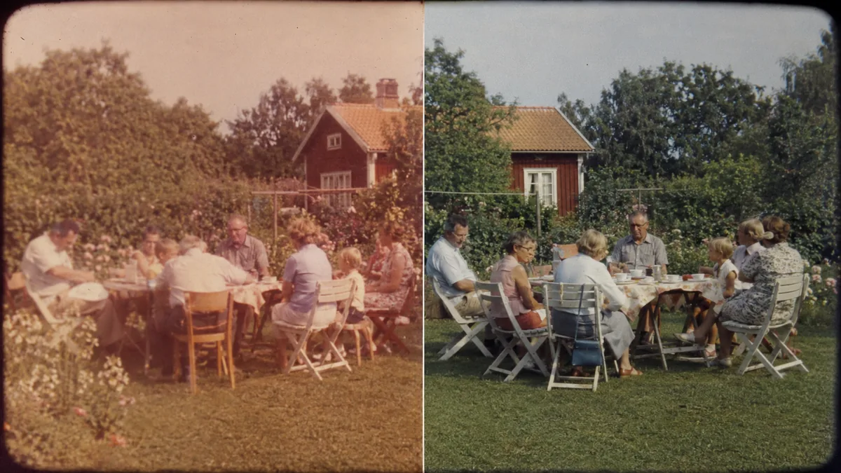 Hetzelfde Super 8-beeld in twee versies: flauwer links, meer bewerkt rechts