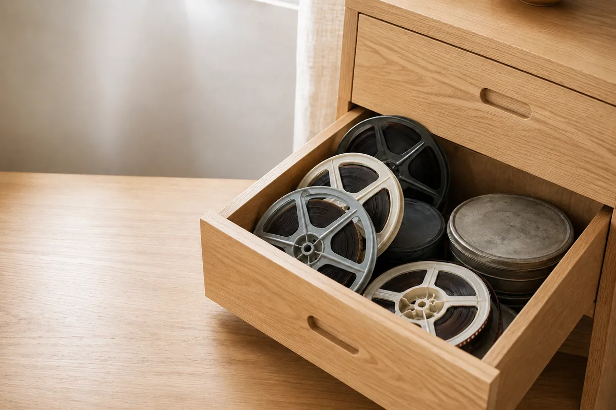 Open lade met oude smalfilmspoelen en filmblikken