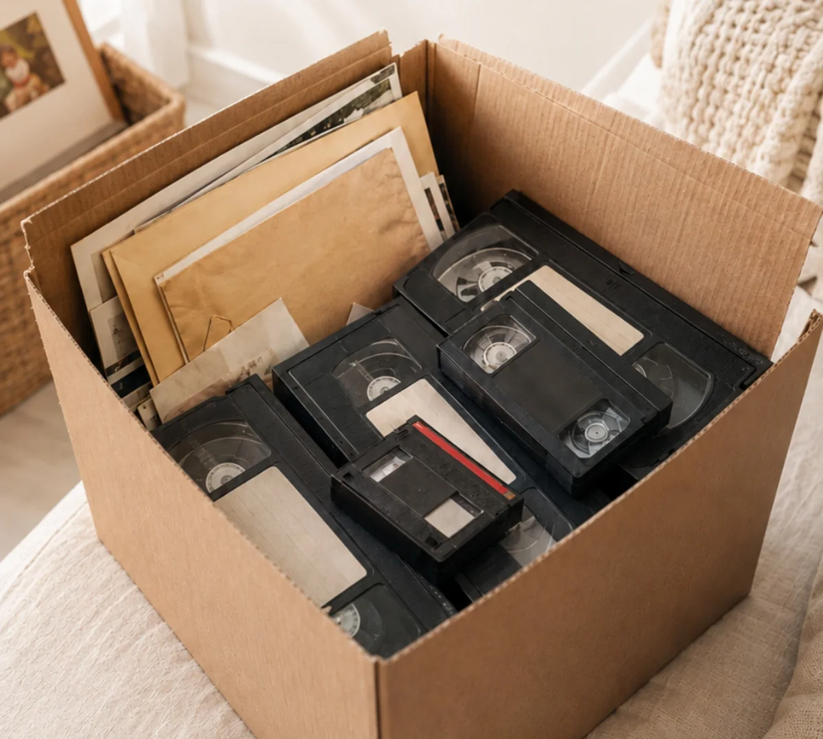 Een doos met oude videobanden en foto's, klaar om op te sturen.