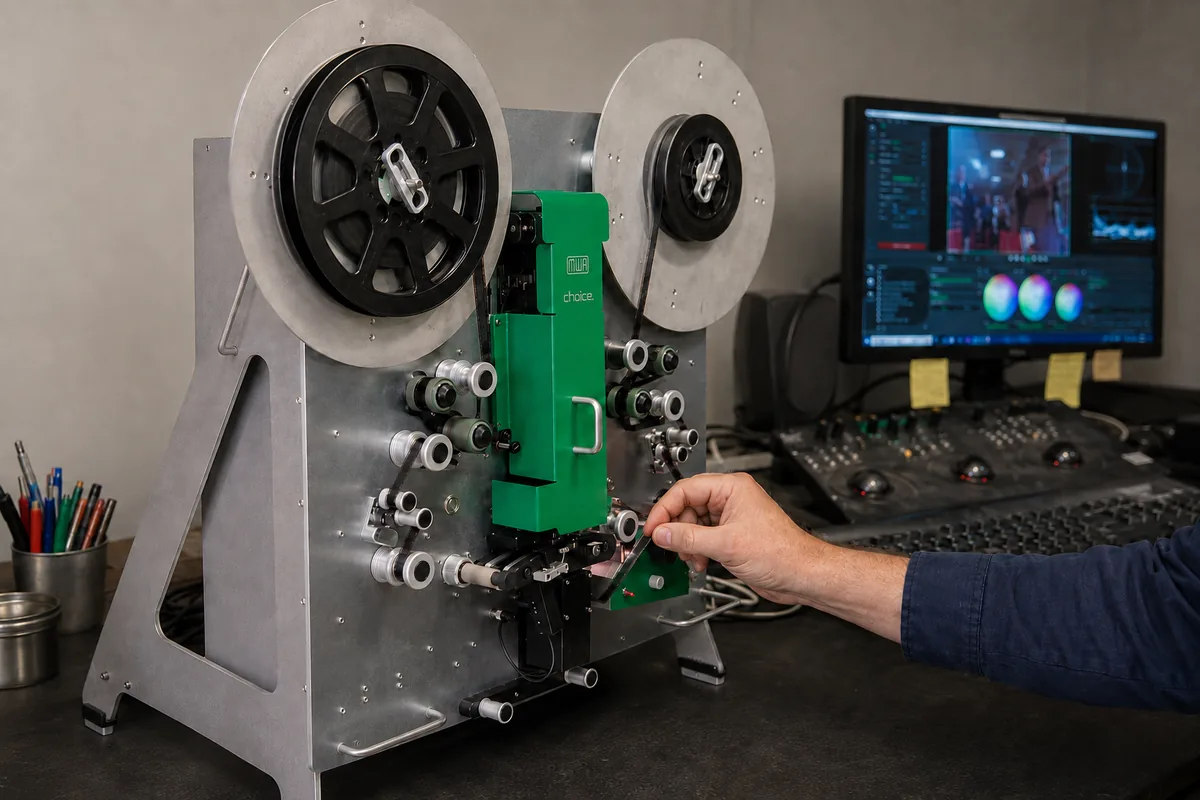 MWA Flashtransfer Choice in bedrijf, met de hand van de operator bij de geleiderollen van de film en kleurcorrectie op het scherm op de achtergrond