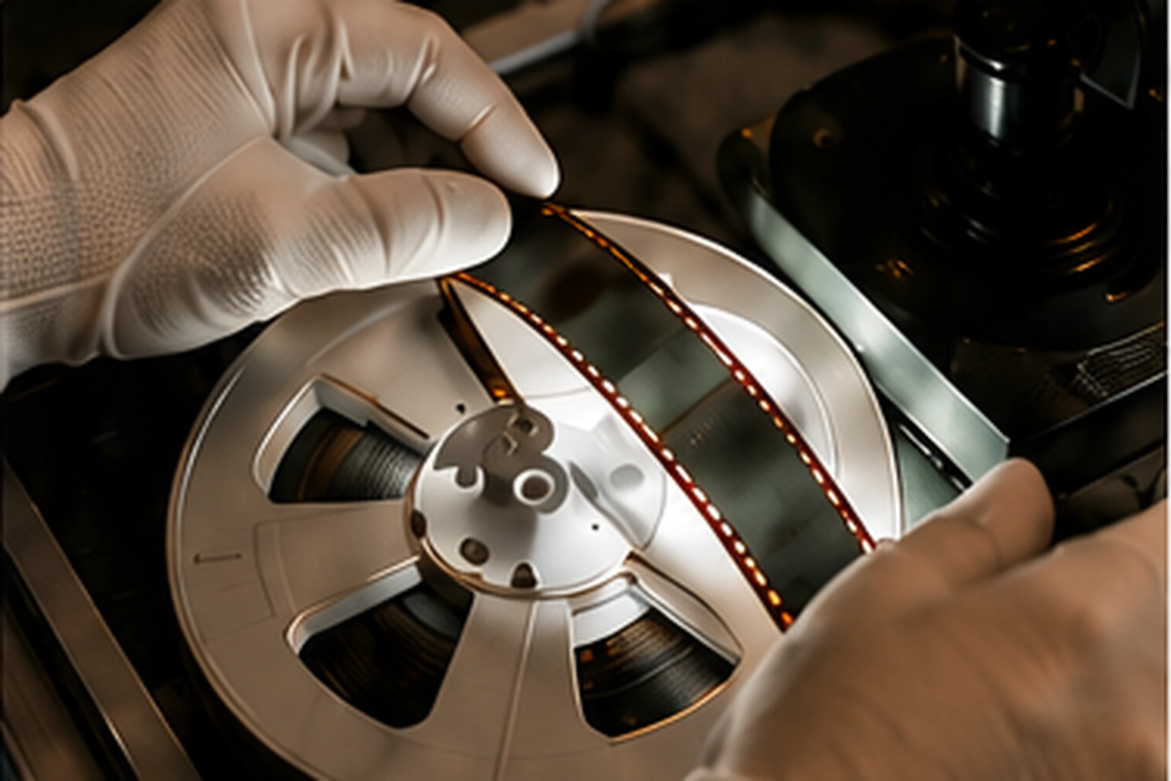 Handen met witte handschoenen houden een filmspoel vast tijdens het digitaliseren.