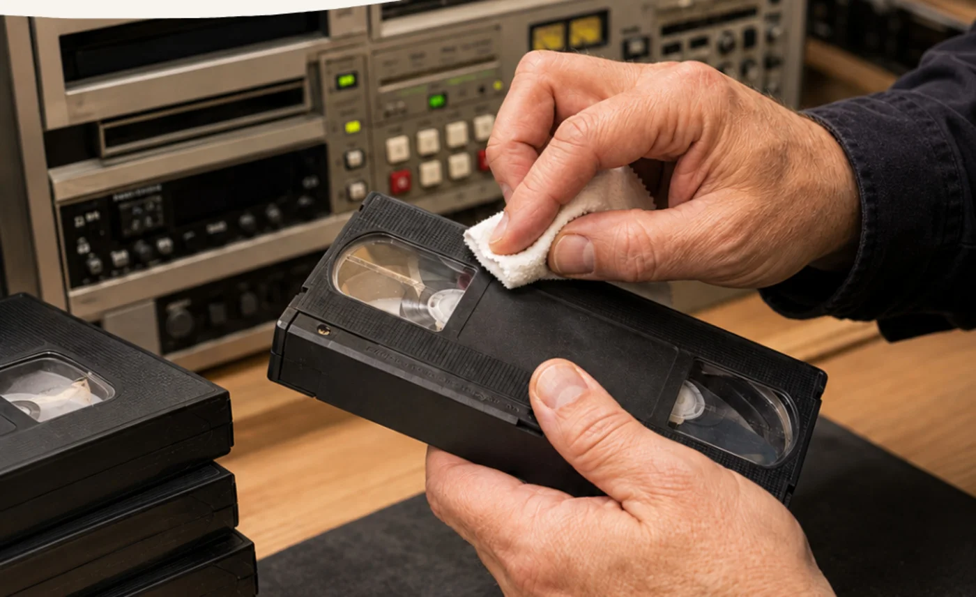Handen die een VHS-band reinigen in de werkplaats