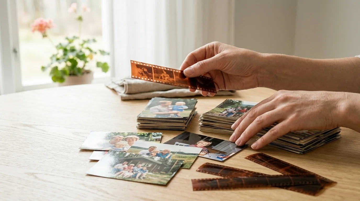 Handen die voorzichtig papieren foto's en een kleurnegatiefstrook bekijken op een lichte houten tafel