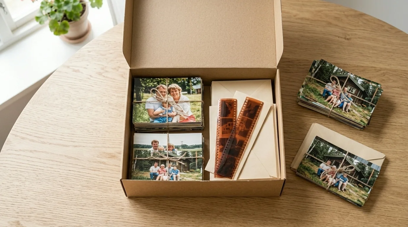 Open doos met oudere papieren foto's, enveloppen en kleurnegatieven op een lichte houten tafel