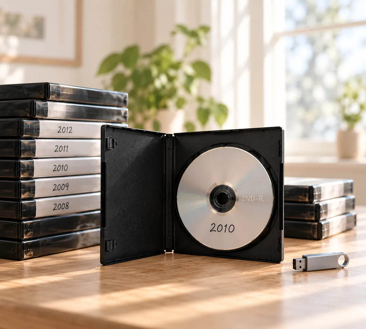 Een open dvd-hoesje met een zelfgebrande schijf gelabeld 2010, naast een stapel dvd-hoesjes met jaartallen en een USB-stick