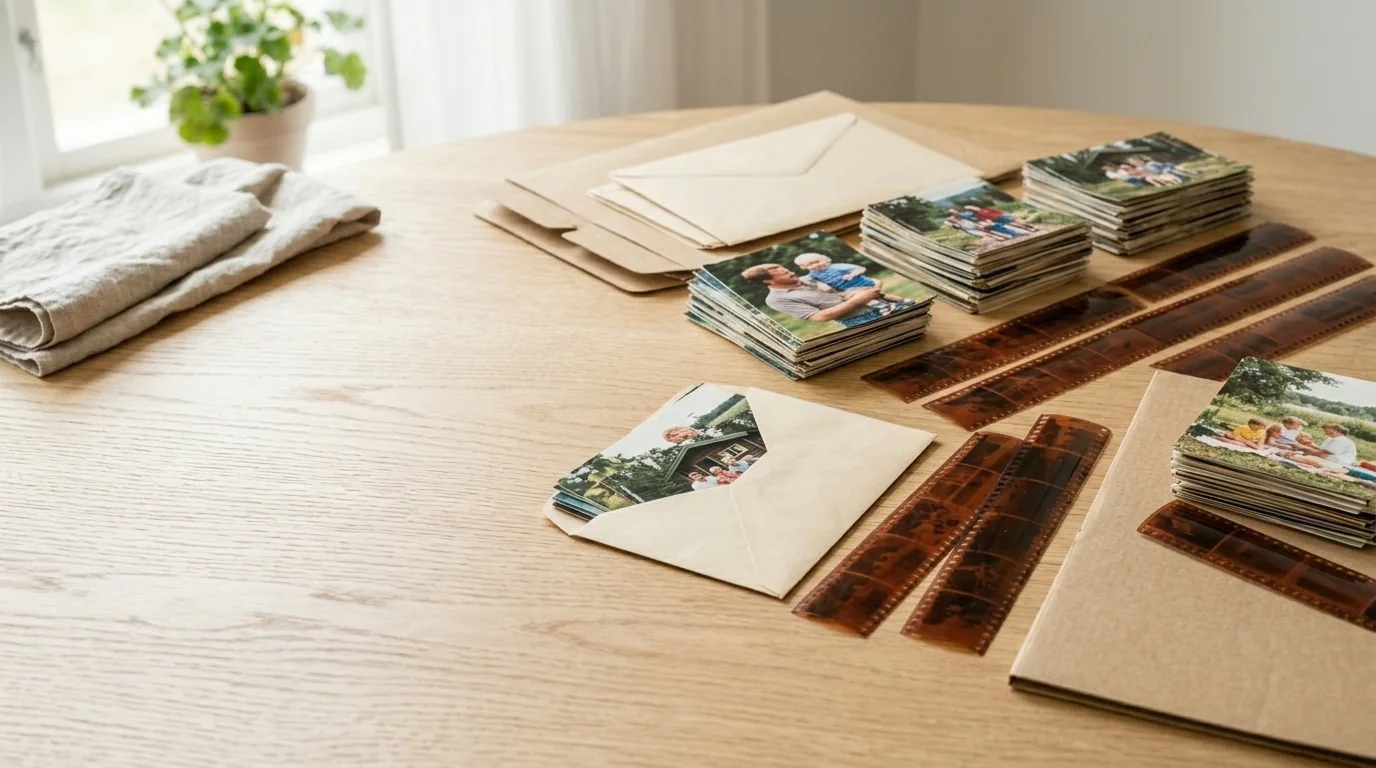 Papieren foto's, enveloppen en kleurnegatieven gesorteerd in duidelijke groepen op een lichte houten tafel