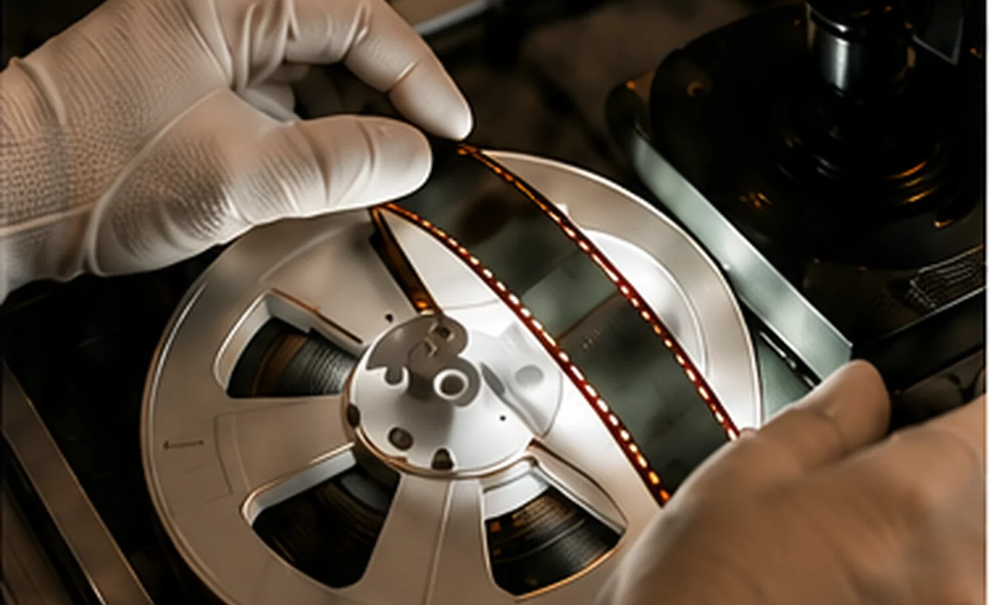 Handen met beschermende handschoenen houden een filmspoel vast tijdens het digitaliseren.